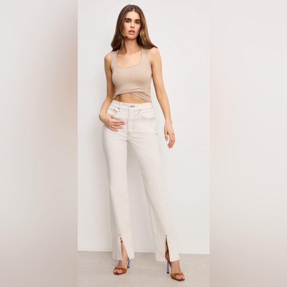 Good American Good Boy Straight Petite Jeans | Split Hem | 6/30 | Pearl | NWT
